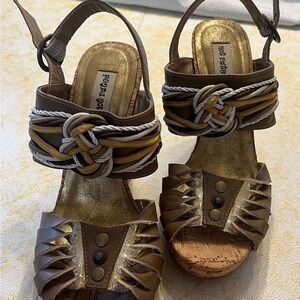 Tan and Gold Wedge Heels